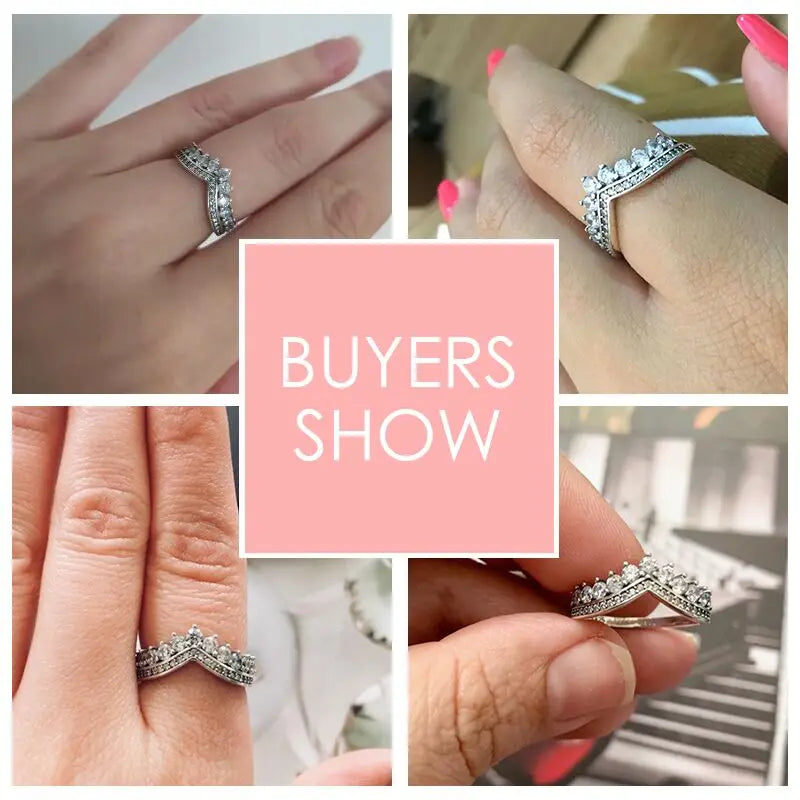 Fashion 100% Real 925 Sterling Zircon Crown Finger Ring Classic Stackable Silver Jewelry for Women Wedding Christmas Gift