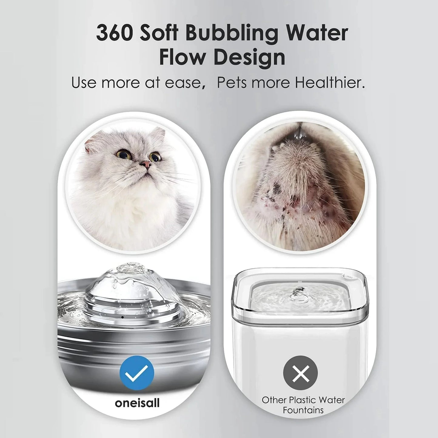 Oneisall 2L/67Oz Cat Water Fountain, 304 Stainless Steel Water Fountain for Cats Inside, Pet Water Fountain with 3 Filters & Quiet Pump, Cat Water Bowl with Automatic Filtration System - Silver