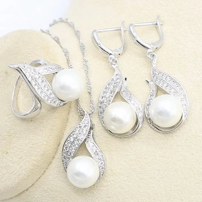 Elegant and Luxurious White Freshwater Zircon Pearl Silver 925 Jewelry Set for Women