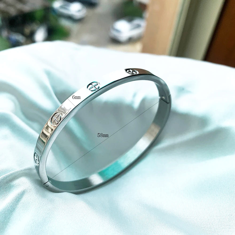 LUXURY Gold & Silver Stainless Steel Zircon Love Bangle with Screw for Woman and Man