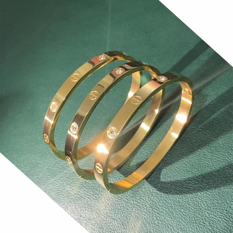 LUXURY Gold & Silver Stainless Steel Zircon Love Bangle with Screw for Woman and Man