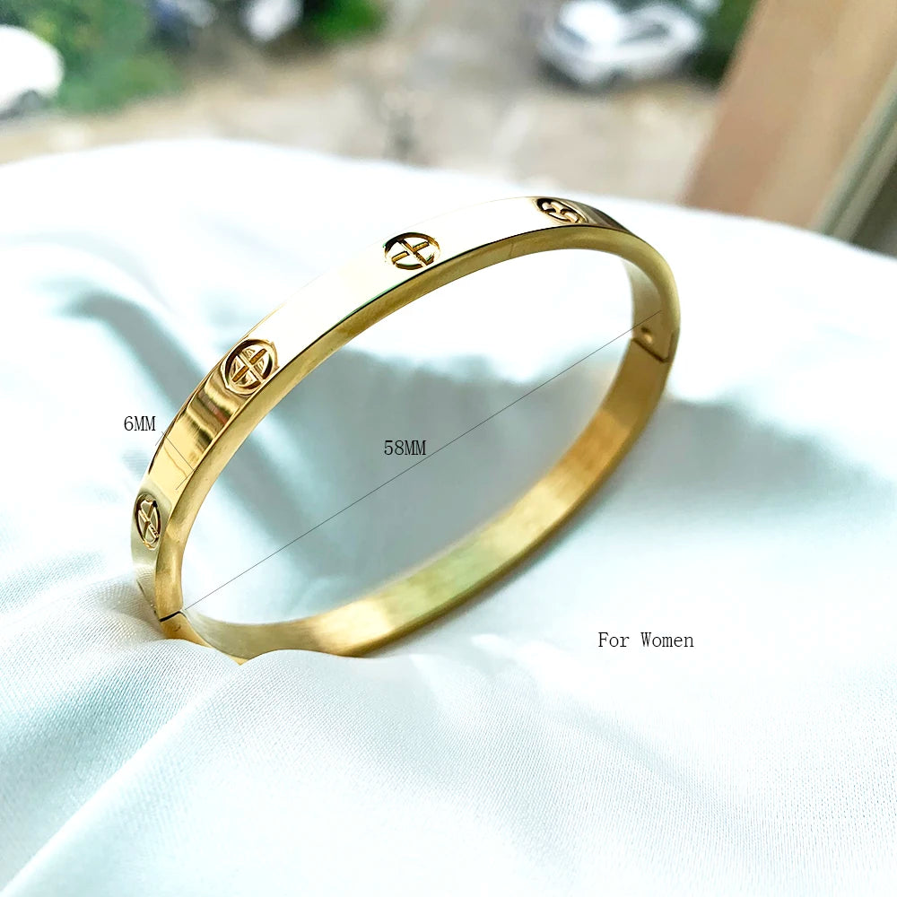 LUXURY Gold & Silver Stainless Steel Zircon Love Bangle with Screw for Woman and Man