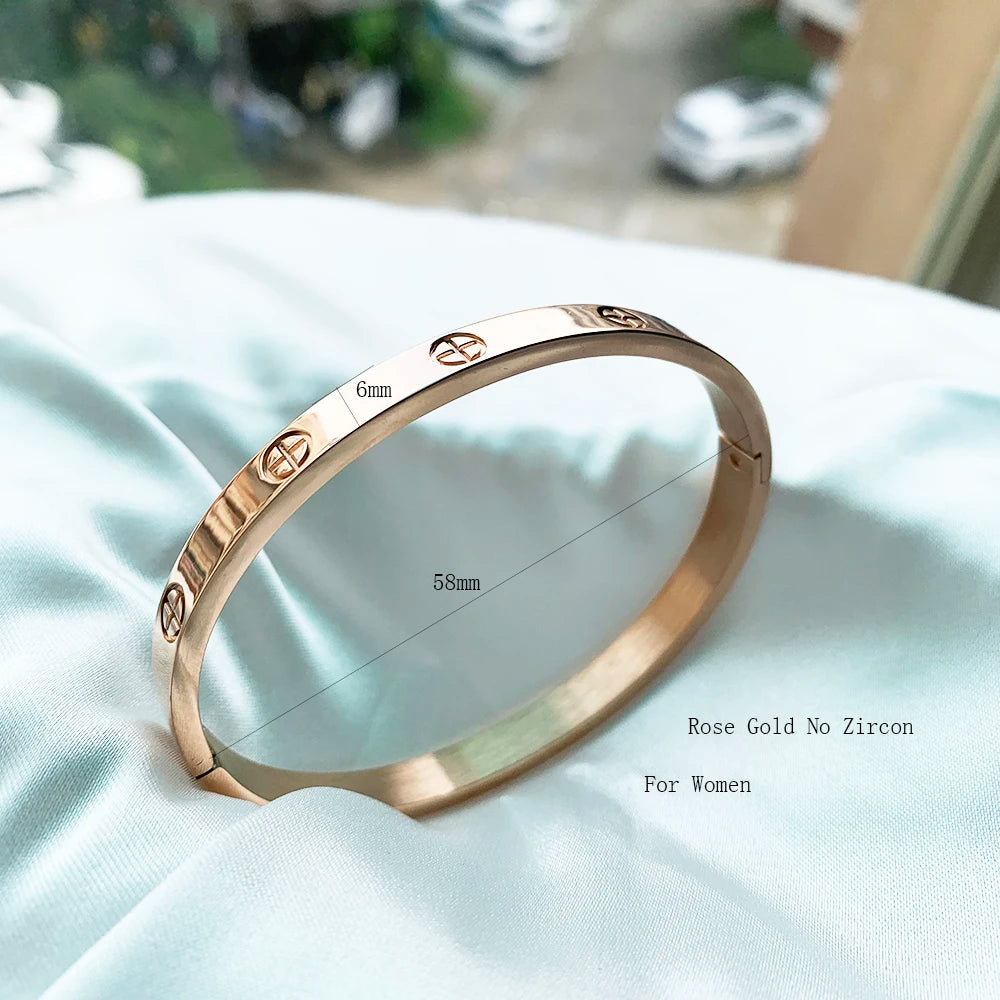 LUXURY Gold & Silver Stainless Steel Zircon Love Bangle with Screw for Woman and Man