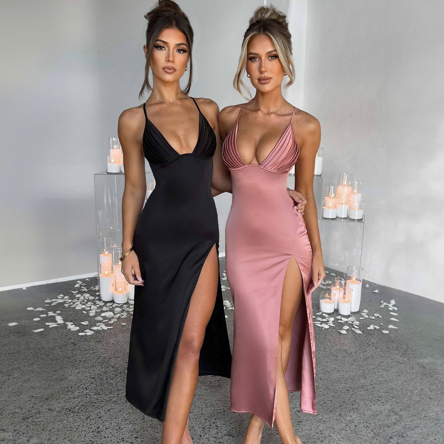 Elegant Spaghetti Strap with Split Design Deep V-Neck Sleeveless Backless Bodycon Dresses