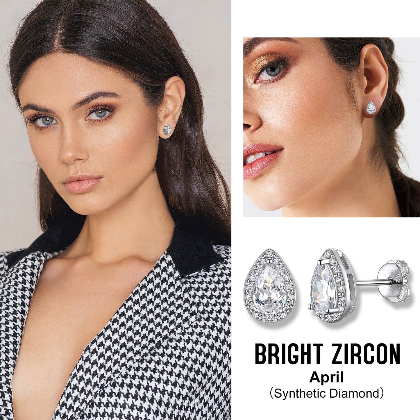 Bestyle 925 Sterling Silver April Birthstone Teardrop Cut Diamond Stud Earrings for Sensitive Ears