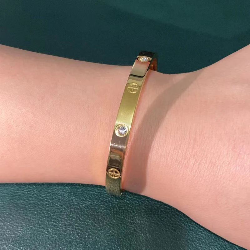 LUXURY Gold & Silver Stainless Steel Zircon Love Bangle with Screw for Woman and Man