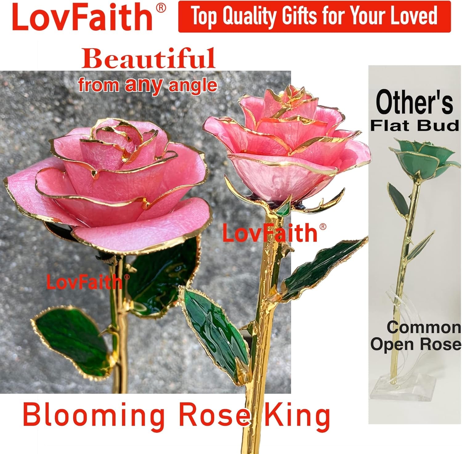 Luxurious Real Rose Dipped 24K Gold with Crystal Stand (C41. Pink -Thick Gold Blooming)
