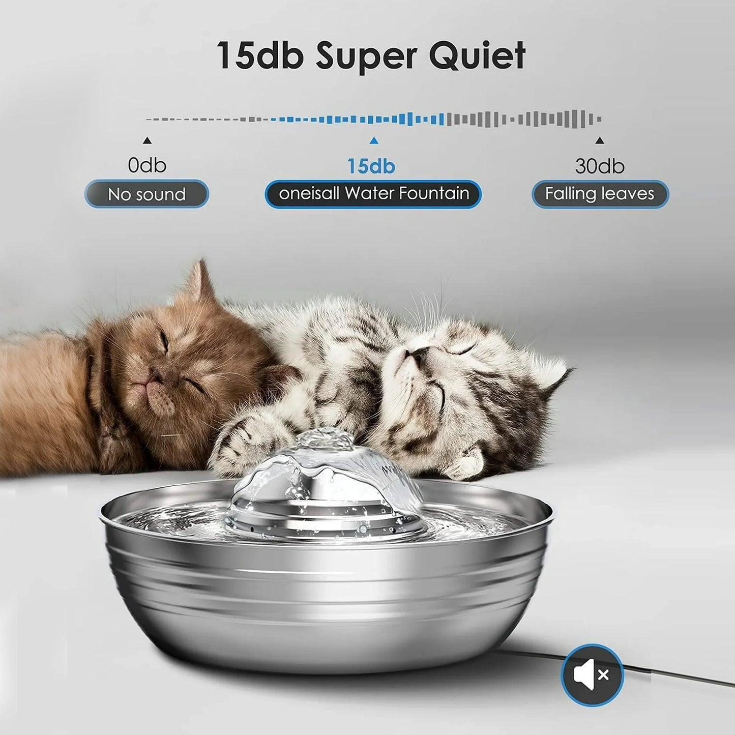 Oneisall 2L/67Oz Cat Water Fountain, 304 Stainless Steel Water Fountain for Cats Inside, Pet Water Fountain with 3 Filters & Quiet Pump, Cat Water Bowl with Automatic Filtration System - Silver
