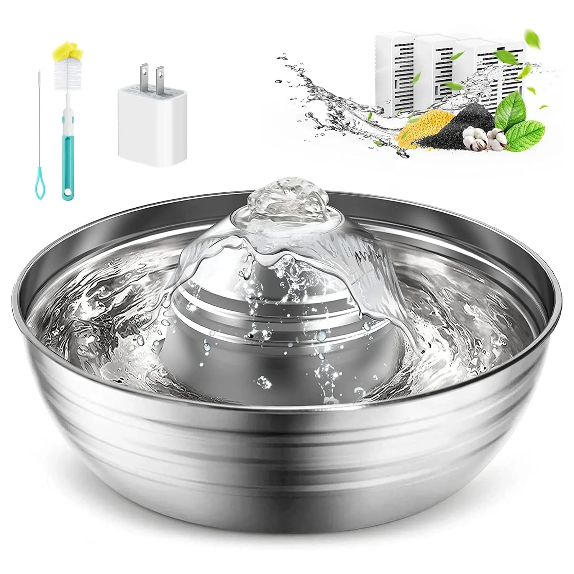 Oneisall 2L/67Oz Cat Water Fountain, 304 Stainless Steel Water Fountain for Cats Inside, Pet Water Fountain with 3 Filters & Quiet Pump, Cat Water Bowl with Automatic Filtration System - Silver