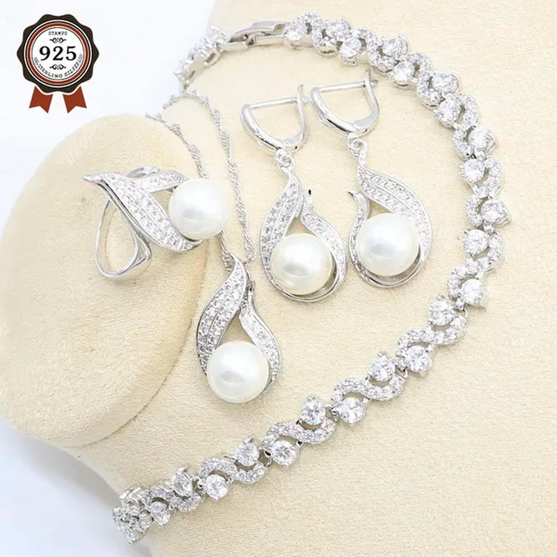 Elegant and Luxurious White Freshwater Zircon Pearl Silver 925 Jewelry Set for Women 