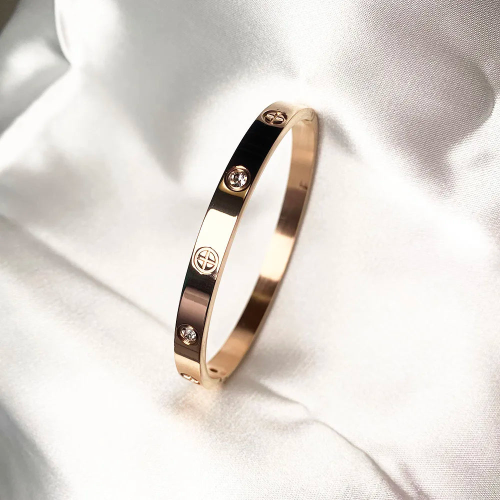 LUXURY Gold & Silver Stainless Steel Zircon Love Bangle  with Screw for Woman and Man 