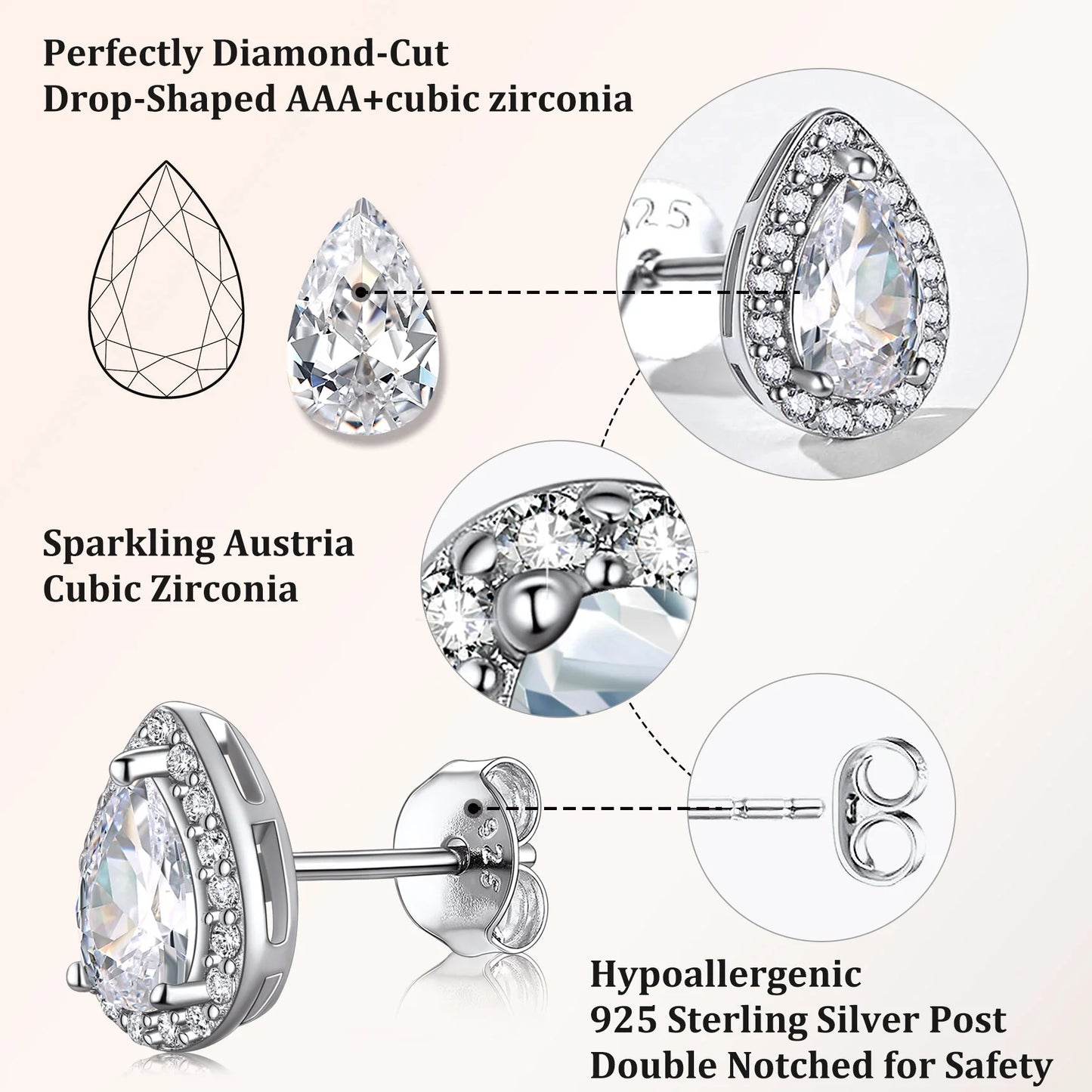 Bestyle 925 Sterling Silver April Birthstone Teardrop Cut Diamond Stud Earrings for Sensitive Ears
