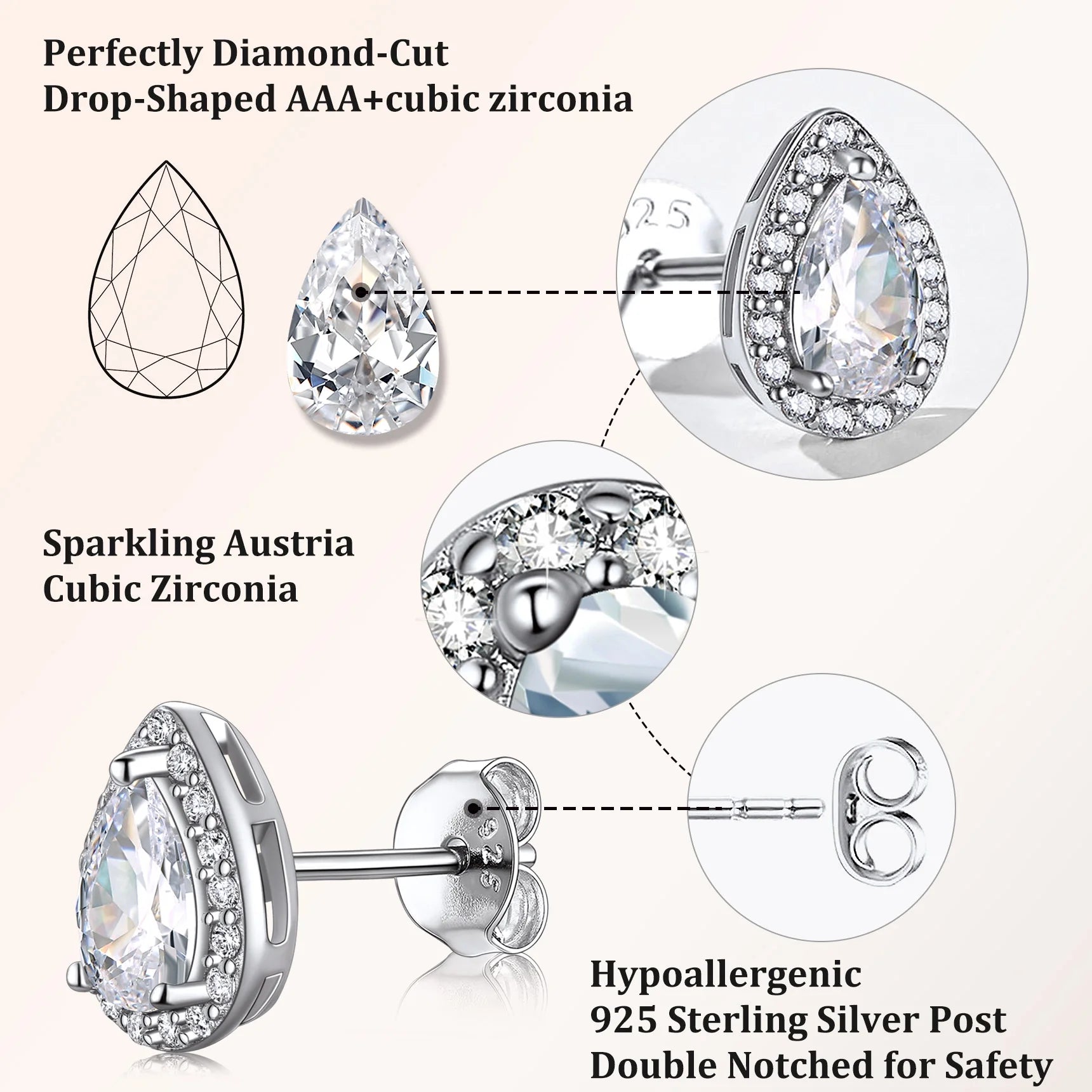 Bestyle 925 Sterling Silver April Birthstone Teardrop Cut Diamond Stud Earrings for Sensitive Ears