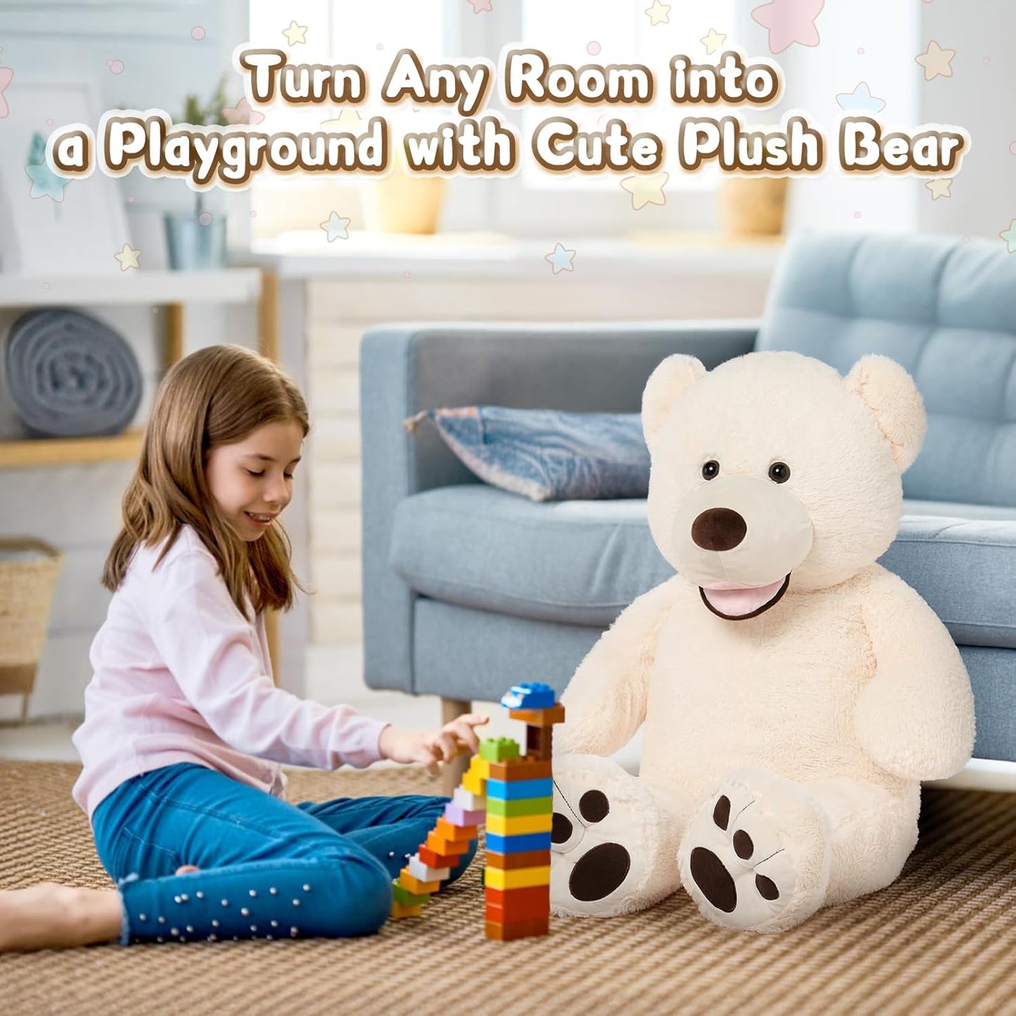 Preciousz Giant Teddy Bear, 39Inch Large Stuffed Animals with Big Footprints Plush Stuffed Bears Gifts for Kids, Beige