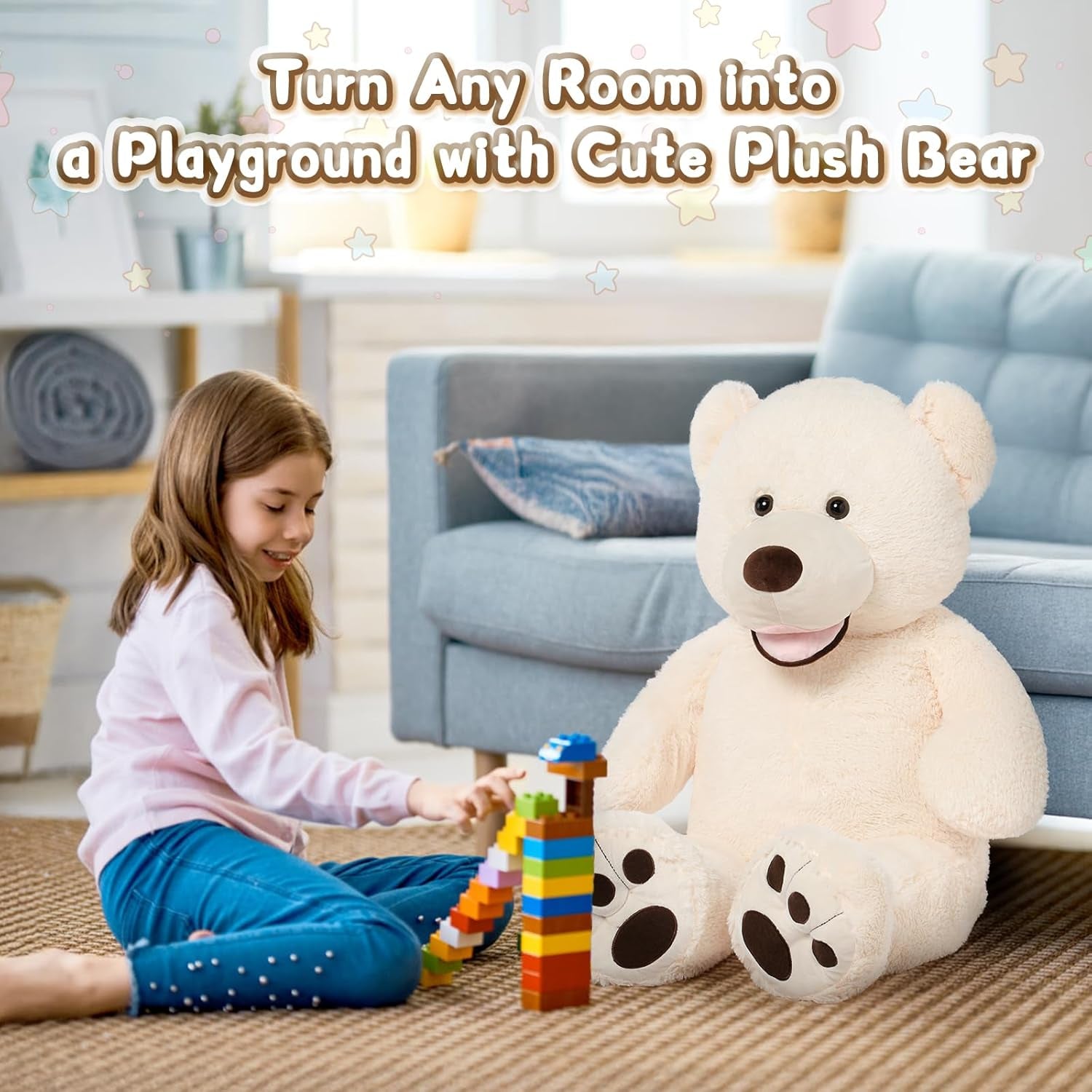 Preciousz Giant Teddy Bear, 39Inch Large Stuffed Animals with Big Footprints Plush Stuffed Bears Gifts for Kids, Beige