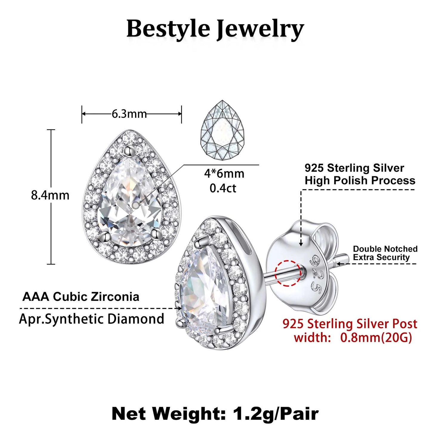 Bestyle 925 Sterling Silver April Birthstone Teardrop Cut Diamond Stud Earrings for Sensitive Ears