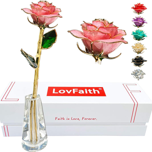 Luxurious Real Rose Dipped 24K Gold with Crystal Stand (C41. Pink -Thick Gold Blooming)
