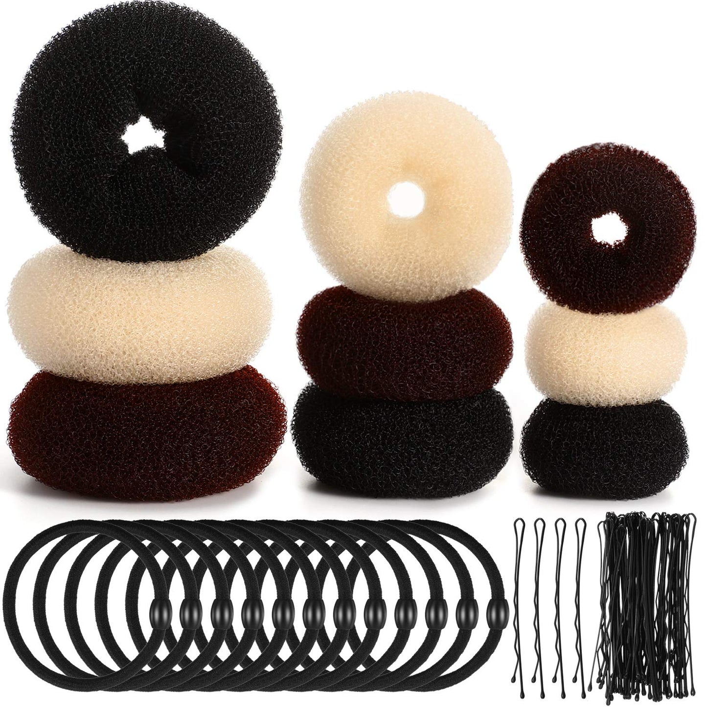 9 Pieces Doughnut Bun Ring Style Set with 12 Pieces Hair Elastic Bands Ties and 32 Pieces Bobby Pins for Women(Black, Brown, Beige)