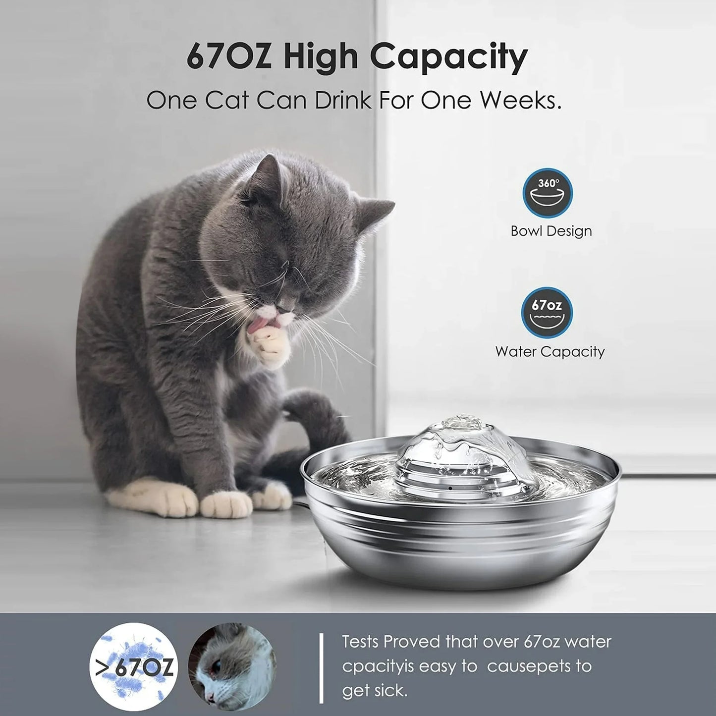 Oneisall 2L/67Oz Cat Water Fountain, 304 Stainless Steel Water Fountain for Cats Inside, Pet Water Fountain with 3 Filters & Quiet Pump, Cat Water Bowl with Automatic Filtration System - Silver