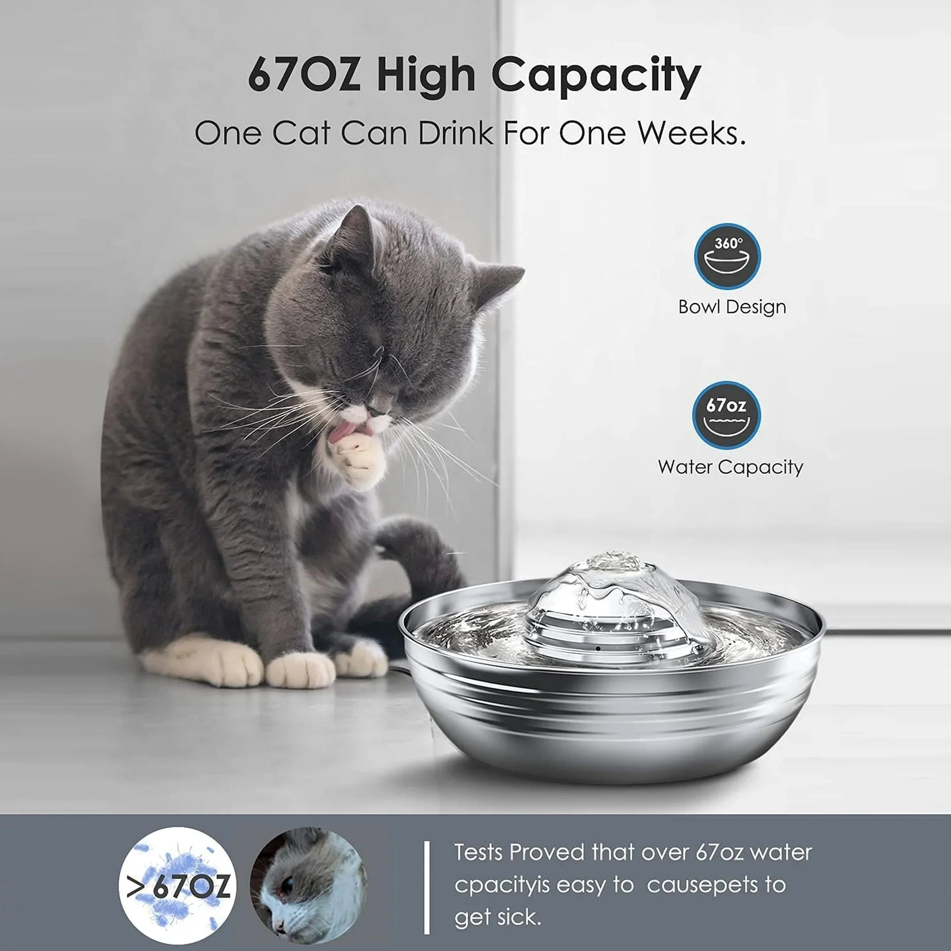 Oneisall 2L/67Oz Cat Water Fountain, 304 Stainless Steel Water Fountain for Cats Inside, Pet Water Fountain with 3 Filters & Quiet Pump, Cat Water Bowl with Automatic Filtration System - Silver