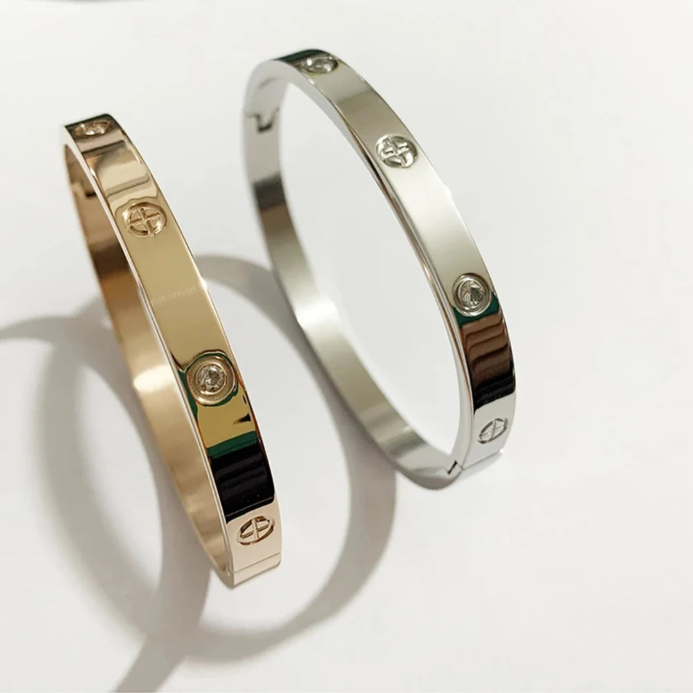 LUXURY Gold & Silver Stainless Steel Zircon Love Bangle  with Screw for Woman and Man 