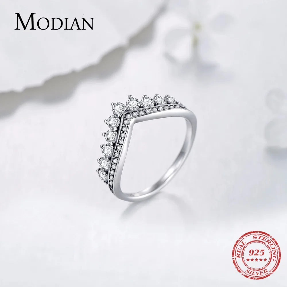 Fashion 100% Real 925 Sterling Zircon Crown Finger Ring Classic Stackable Silver Jewelry for Women Wedding Christmas Gift