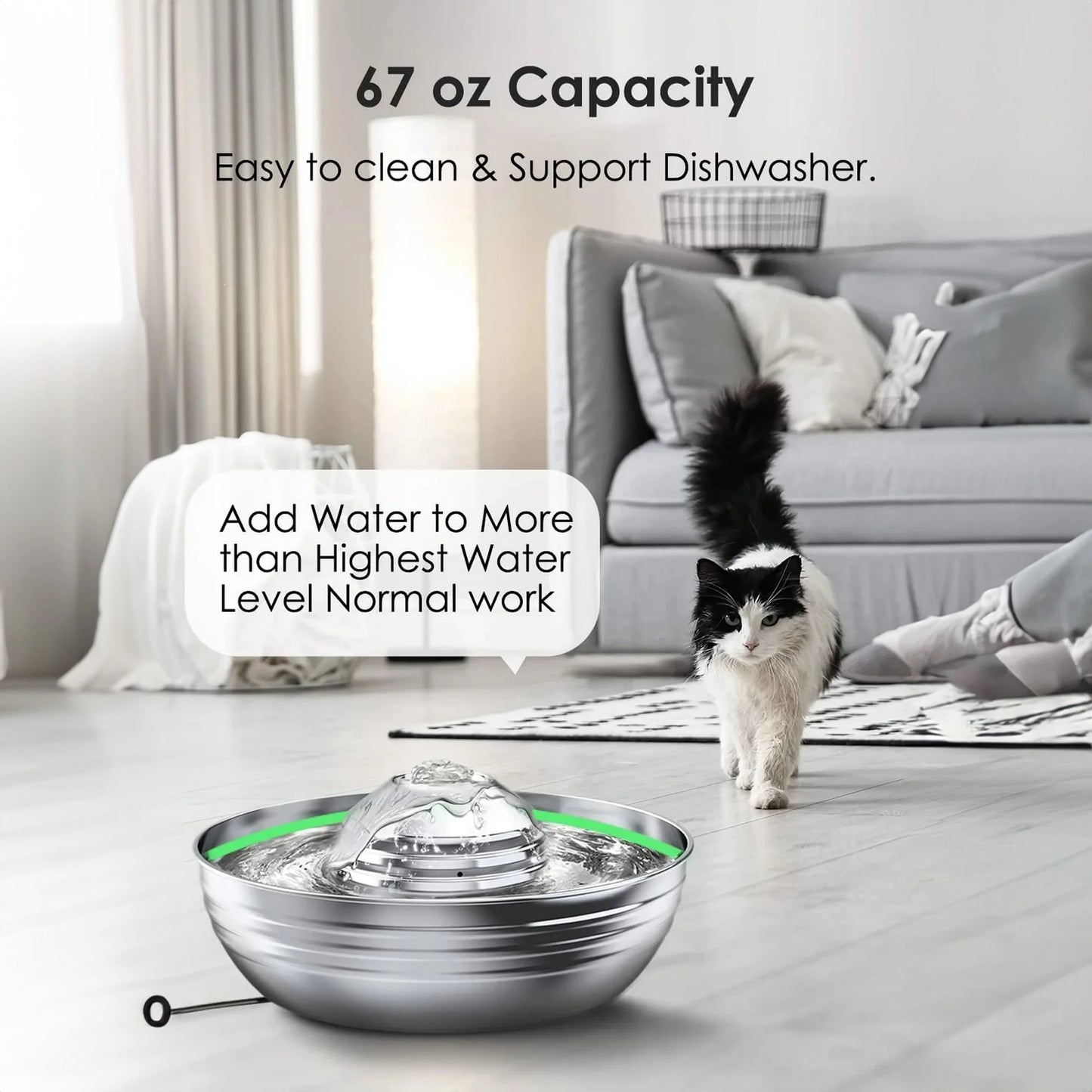 Oneisall 2L/67Oz Cat Water Fountain, 304 Stainless Steel Water Fountain for Cats Inside, Pet Water Fountain with 3 Filters & Quiet Pump, Cat Water Bowl with Automatic Filtration System - Silver