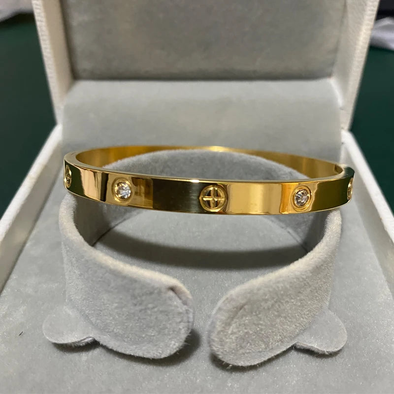 LUXURY Gold & Silver Stainless Steel Zircon Love Bangle  with Screw for Woman and Man 