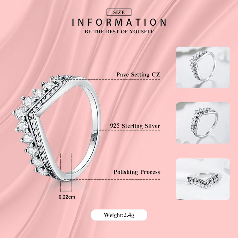 Fashion 100% Real 925 Sterling Zircon Crown Finger Ring Classic Stackable Silver Jewelry for Women Wedding Christmas Gift