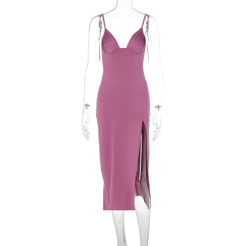 Elegant Spaghetti Strap with Split Design Deep V-Neck Sleeveless Backless Bodycon Dresses 