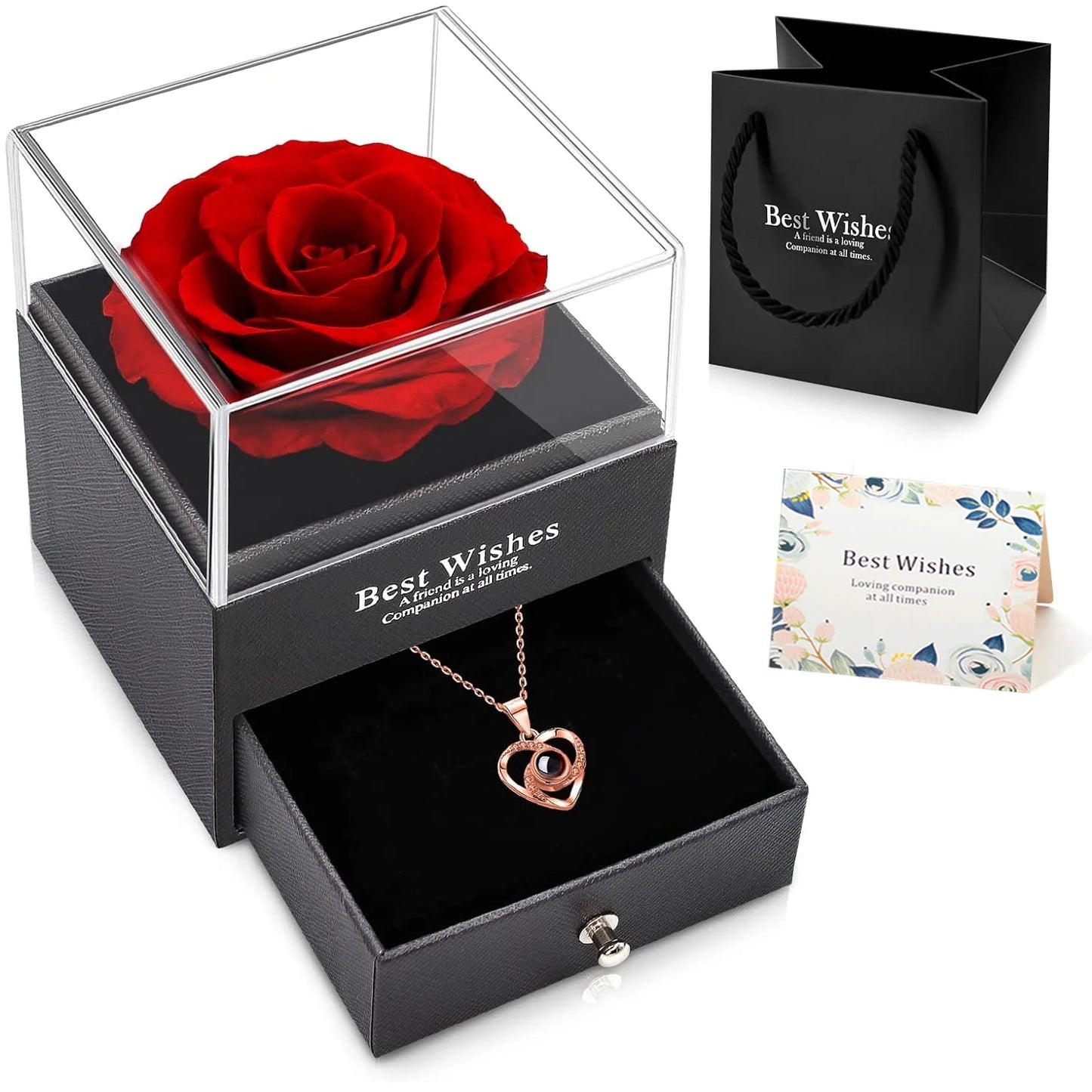 Eternal Rose "I Love You" Necklace with Red Rose Pendant