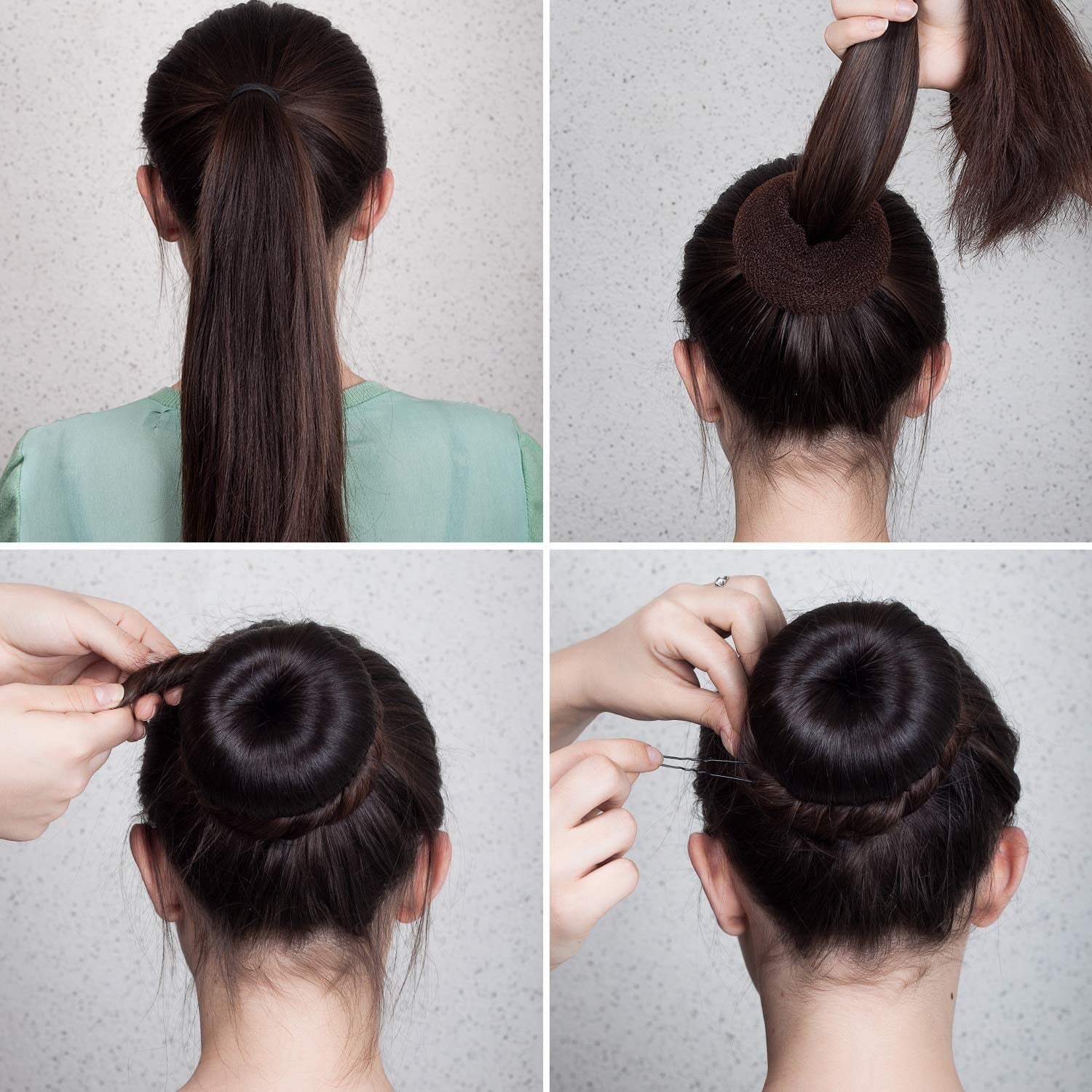 9 Pieces Doughnut Bun Ring Style Set with 12 Pieces Hair Elastic Bands Ties and 32 Pieces Bobby Pins for Women(Black, Brown, Beige)