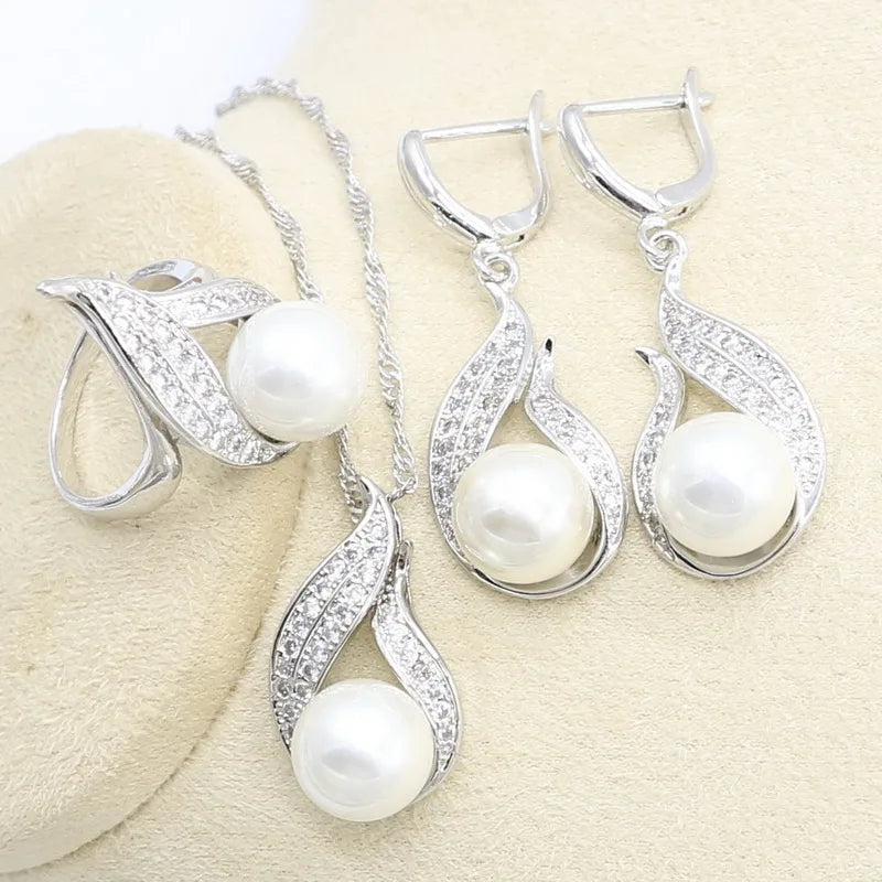 Elegant and Luxurious White Freshwater Zircon Pearl Silver 925 Jewelry Set for Women 