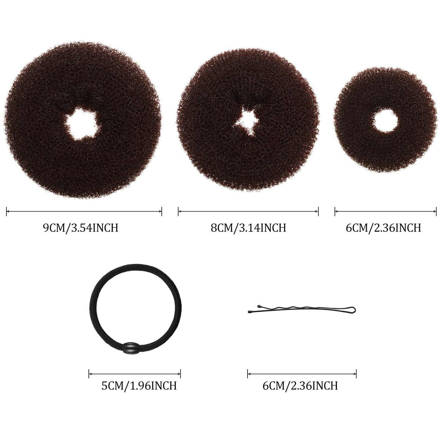 9 Pieces Doughnut Bun Ring Style Set with 12 Pieces Hair Elastic Bands Ties and 32 Pieces Bobby Pins for Women(Black, Brown, Beige)