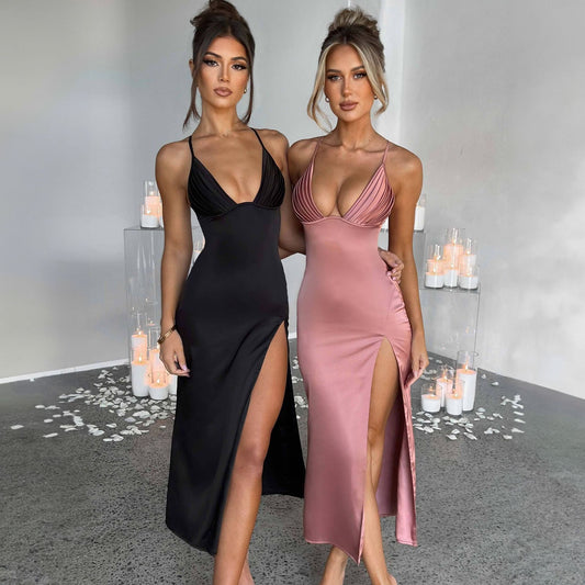 Elegant Spaghetti Strap with Split Design Deep V-Neck Sleeveless Backless Bodycon Dresses 