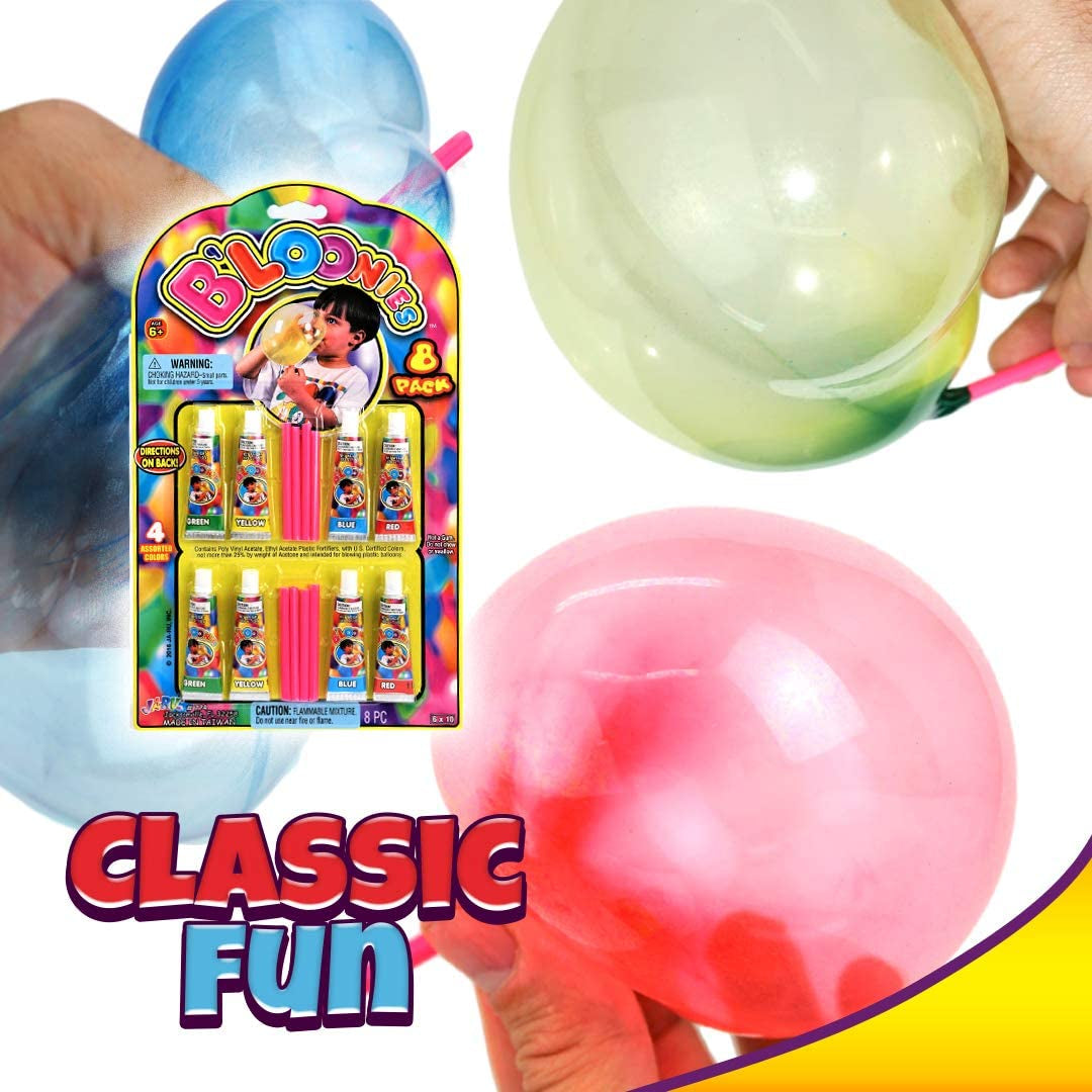 Bloonies Magic Plastic Bubbles Balloons Variety Pack (8 Tubes per Pack)| Kids Super Elastic | Blow up Balloons with Straw | Party Favors and Gifts Fidget Toy. 774-1A