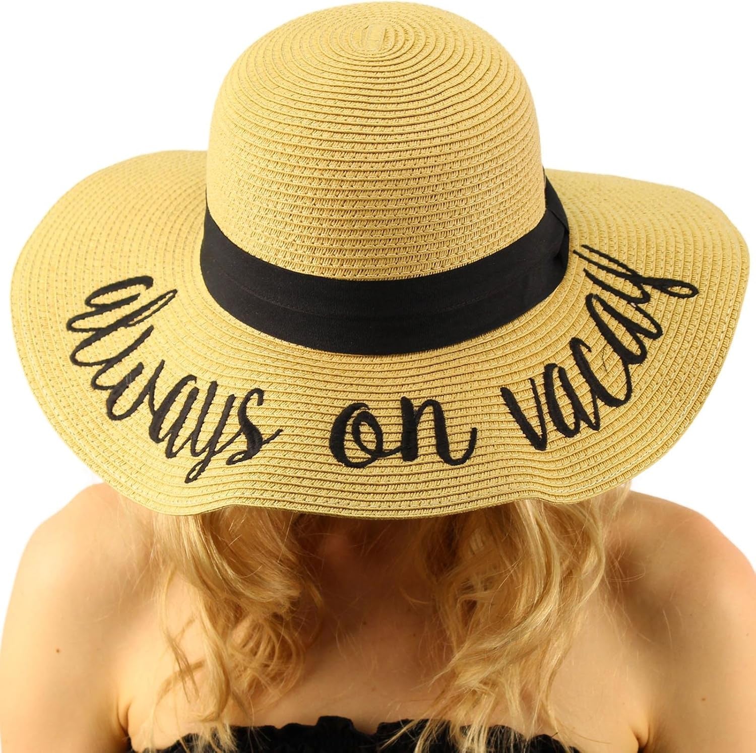 Always on Vacay Wide Brim 4 Summer Derby Beach Pool Floppy Dress Sun Hat