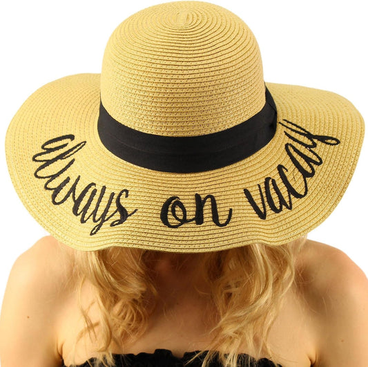 Always on Vacay Wide Brim 4 Summer Derby Beach Pool Floppy Dress Sun Hat