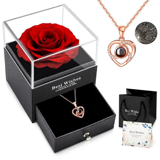 Eternal Rose "I Love You" Necklace with Red Rose Pendant