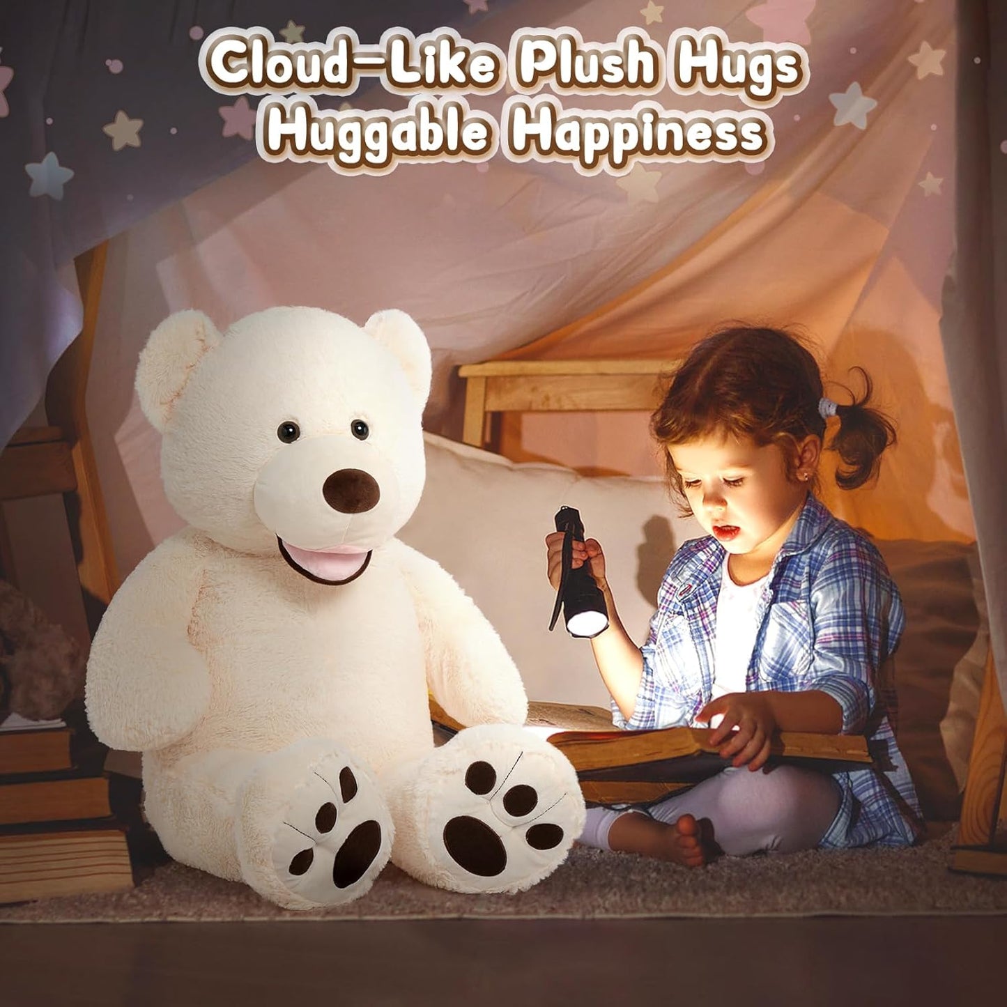 Preciousz Giant Teddy Bear, 39Inch Large Stuffed Animals with Big Footprints Plush Stuffed Bears Gifts for Kids, Beige