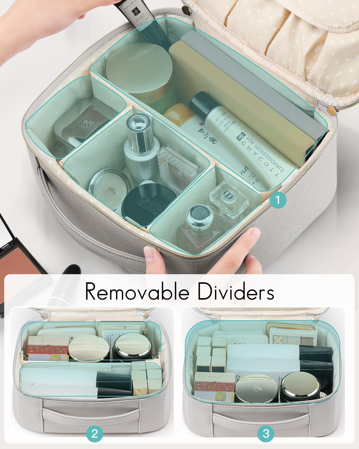 Lola's Travel Makeup Cosmetic Case Organizer Portable Storage Bag with Adjustable Divider（Gray）